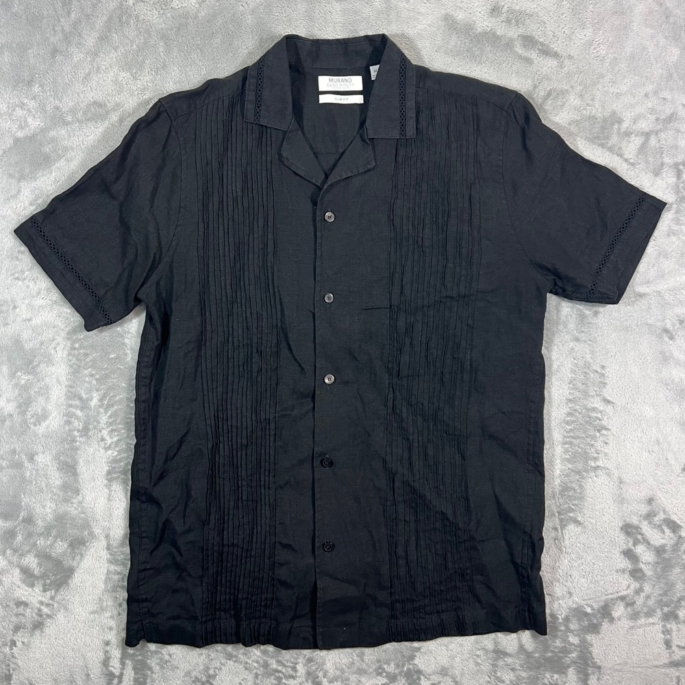 Murano Baird McNutt Shirt Mens M Black 100 Linen Slim Fit Pintuck Short Sleeve